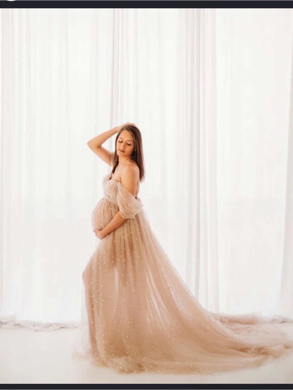 Elegant Champagne Maternity Gown with Sheer Pearl Embellishments